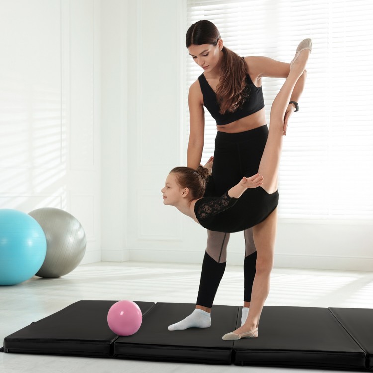 Folding gymnastics mat in black with a smooth PU leather cover, ideal for yoga, stretching, and martial arts practice.