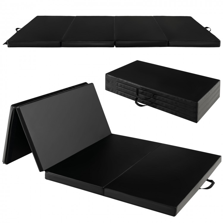 Black folding gymnastics mat with carry handles, featuring a durable PU leather cover, ideal for yoga and martial arts.