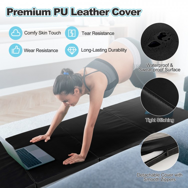 Folding gymnastics mat in black with PU leather cover, featuring handles for easy transport and waterproof surface.