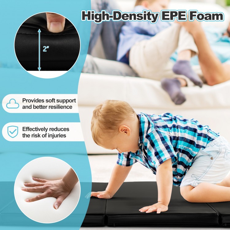 Folding gymnastics mat in black with high-density EPE foam, ideal for yoga and martial arts, featuring a detachable.