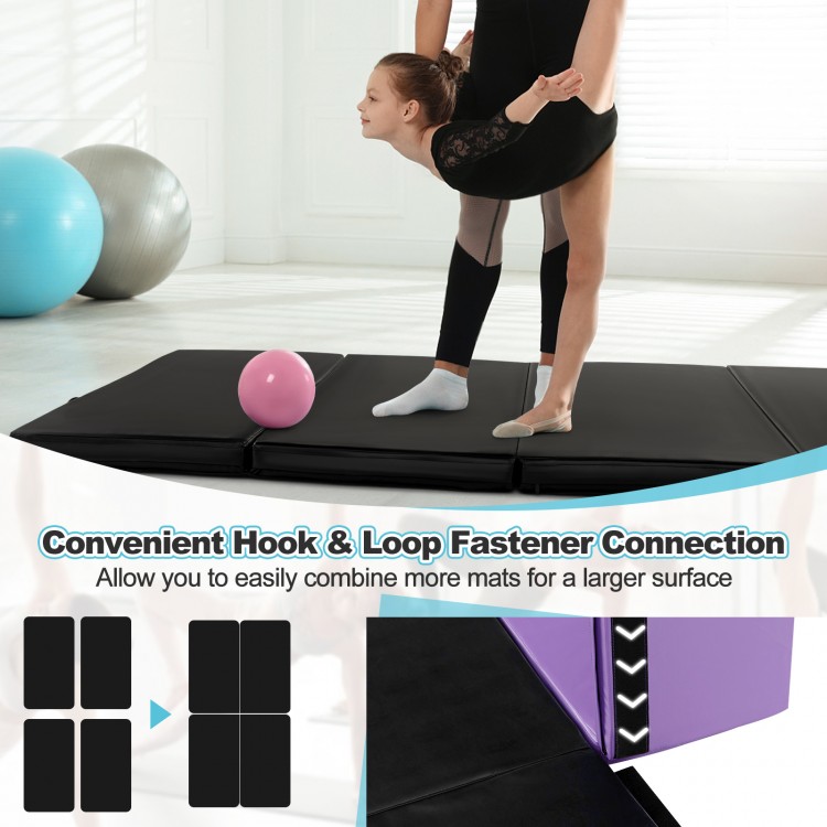 Folding gymnastics mat in black with hook and loop fastener, ideal for yoga, martial arts, and easy storage.