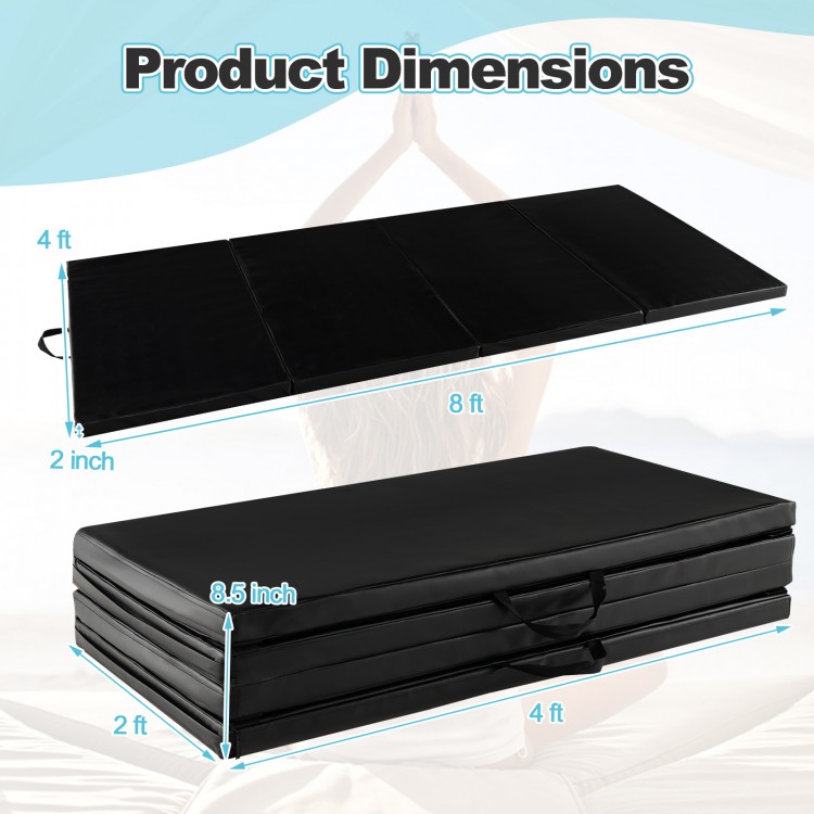 Folding gymnastics mat in black with 4-fold design, featuring carry handles and waterproof PU leather cover for.