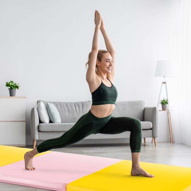 Tri-fold gym mat in yellow, featuring a removable zippered cover, ideal for yoga and martial arts practice.
