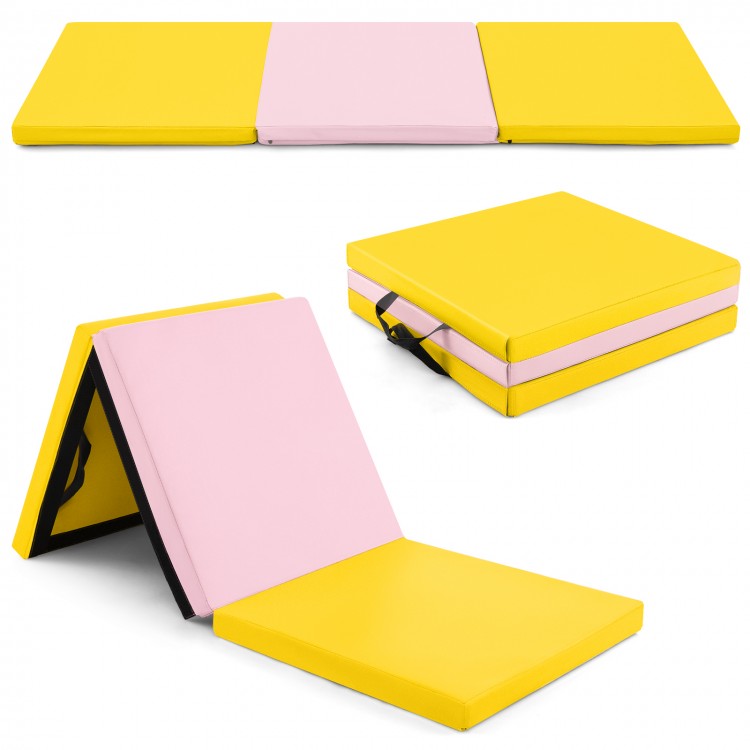 Tri-fold gym mat in yellow and pink, featuring a removable zippered cover and handles for easy portability and storage.