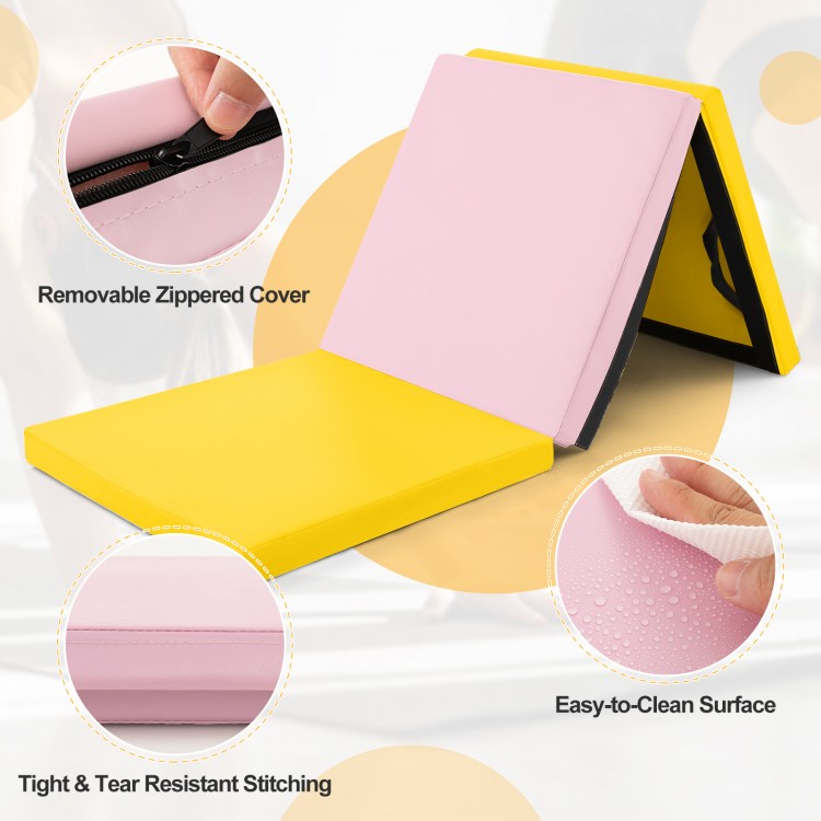 Tri-fold gym mat in yellow with removable zippered cover, waterproof PU leather, ideal for yoga and martial arts.