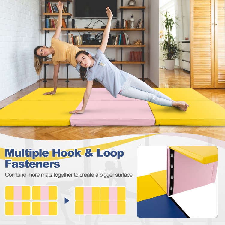 Tri-fold gym mat in yellow, featuring handles and a removable cover, ideal for yoga and martial arts practice.