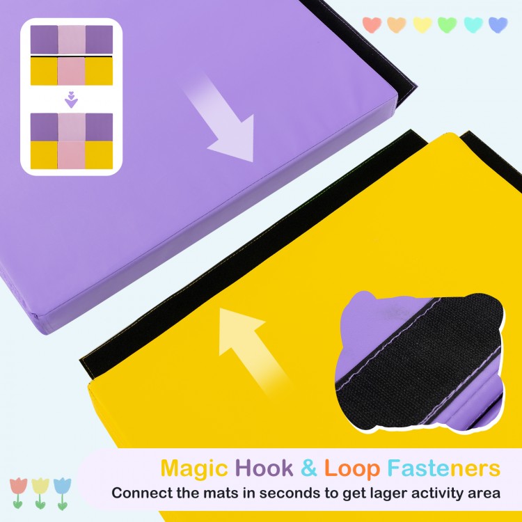 Tri-fold gym mat in pink and purple with hook and loop fasteners, ideal for yoga and martial arts activities.