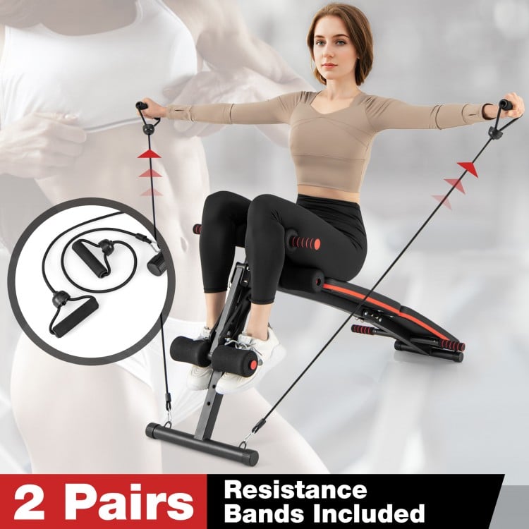Multifunctional sit-up bench with adjustable positions and resistance bands, designed for versatile full-body workouts.