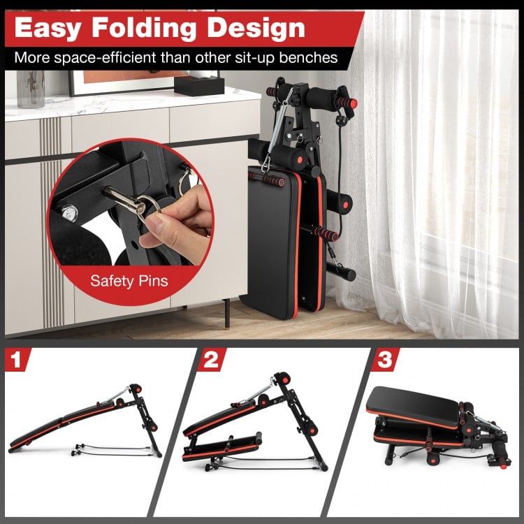 Multifunctional sit-up bench with a compact foldable design, adjustable positions, and comfortable padding for.