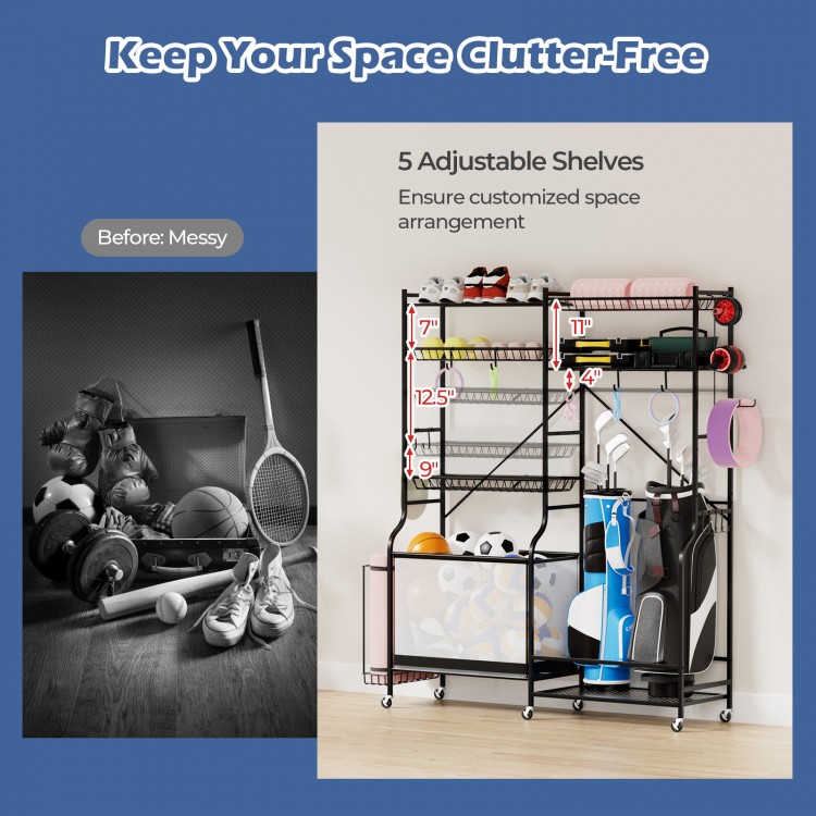 Sports equipment organizer with 5 adjustable shelves, metal frame, and side hooks for garage storage solutions.