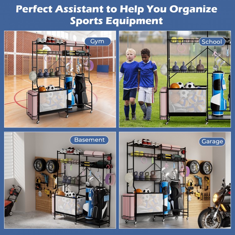 Sports equipment organizer with adjustable shelves, hooks, and wheels for versatile storage in garage or gym.