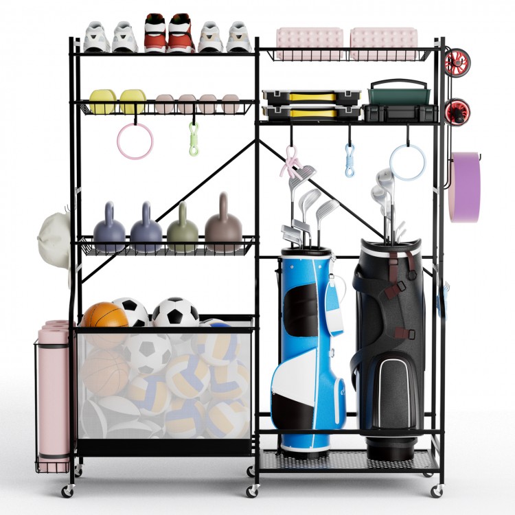 Sports equipment organizer with adjustable shelves, golf bag rack, and hooks for efficient garage storage solutions.