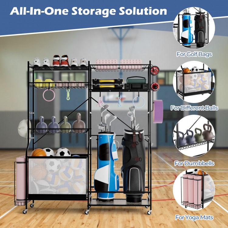 Sports equipment organizer with adjustable shelves, golf bag rack, and hooks for efficient garage storage.