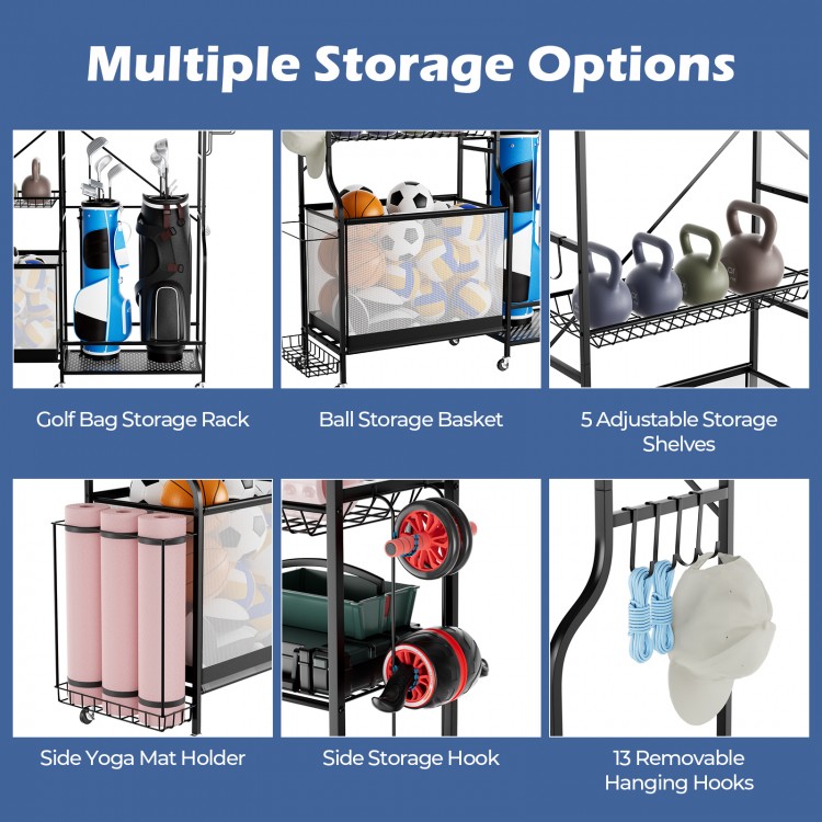 Golf bag storage rack with adjustable shelves and removable hooks for organizing sports equipment in the garage.