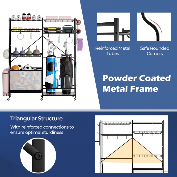 Sports equipment organizer with a powder-coated metal frame, featuring adjustable shelves and reinforced triangular.