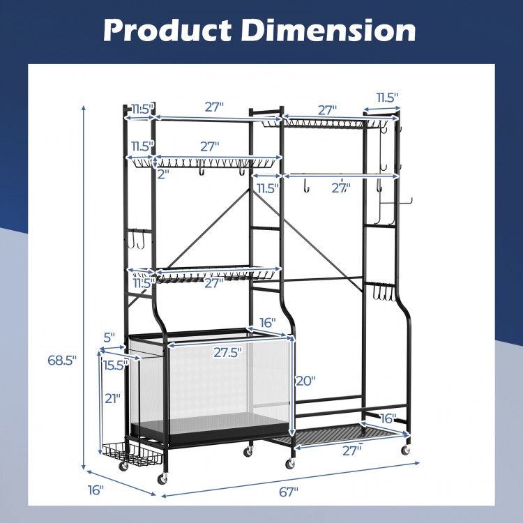 Dimensions of the Sports Equipment Organizer for Garage, featuring adjustable shelves and storage hooks for versatile.