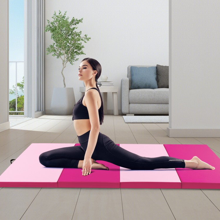 Folding exercise mat in hot pink, featuring a four-panel design, ideal for stretching and gymnastics.