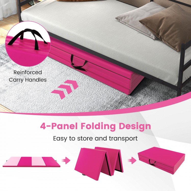 Hot pink 4-panel folding exercise mat with carrying handles, made of PU leather, ideal for gymnastics and martial arts.