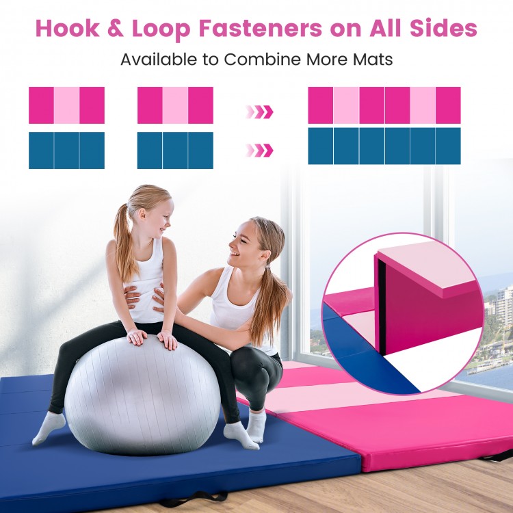 4-panel hot pink folding exercise mat with carrying handles, featuring hook and loop fasteners for easy mat connection.