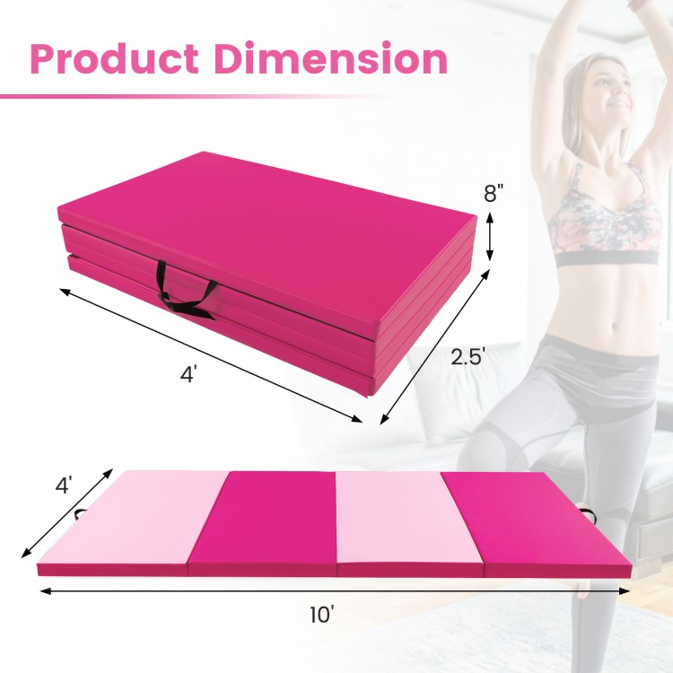 Hot pink 4-panel folding exercise mat with carrying handles, 10' long, ideal for gymnastics and stretching.