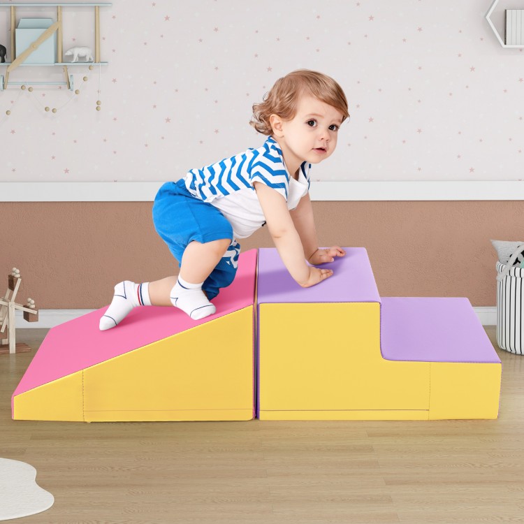 Colorful 2-piece step and slide climber set for toddlers, made of soft foam with waterproof PU leather cover.