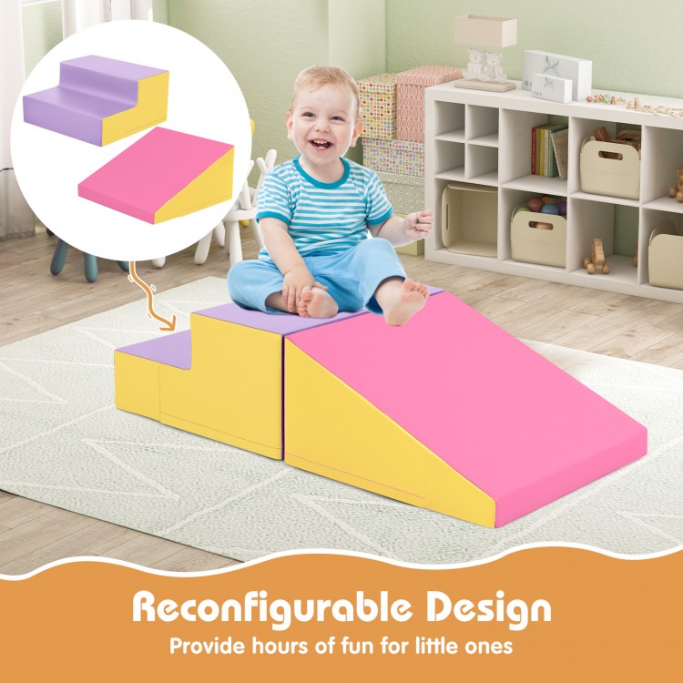 2-piece step and slide climber for infants, featuring soft foam blocks in yellow and pink, promotes motor skills.
