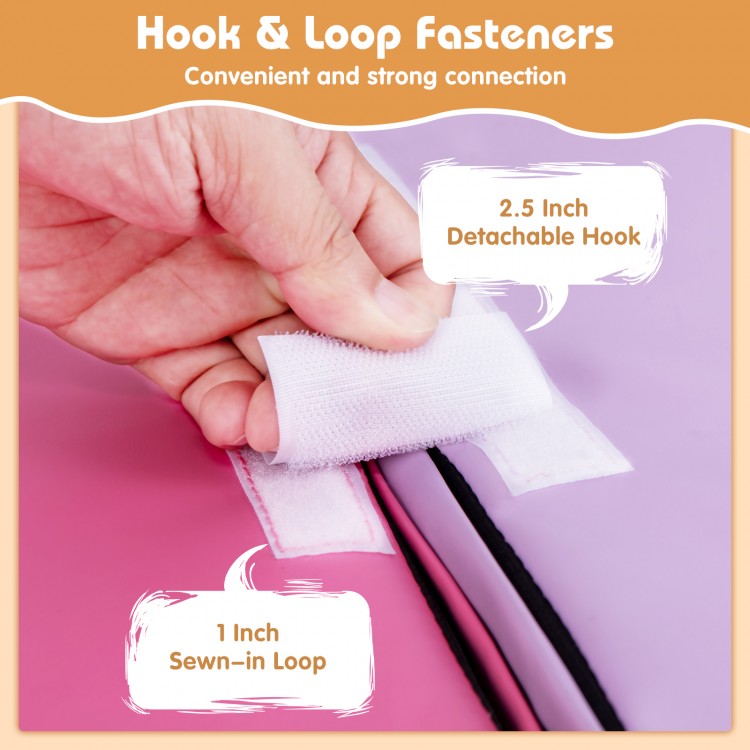 Close-up of hook and loop fasteners on a soft play set, featuring a 2.5-inch detachable hook and 1-inch sewn-in loop.