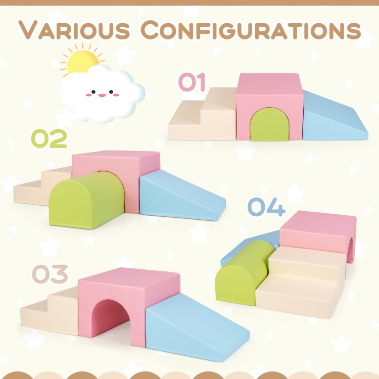 Colorful Climb and Crawl Foam Block Play Set featuring various configurations, including a tunnel and slide for.