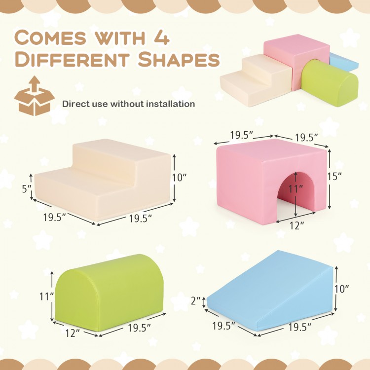 Multicolor Climb and Crawl Foam Block Play Set showing four shapes, including a slide and tunnel, for creative infant.