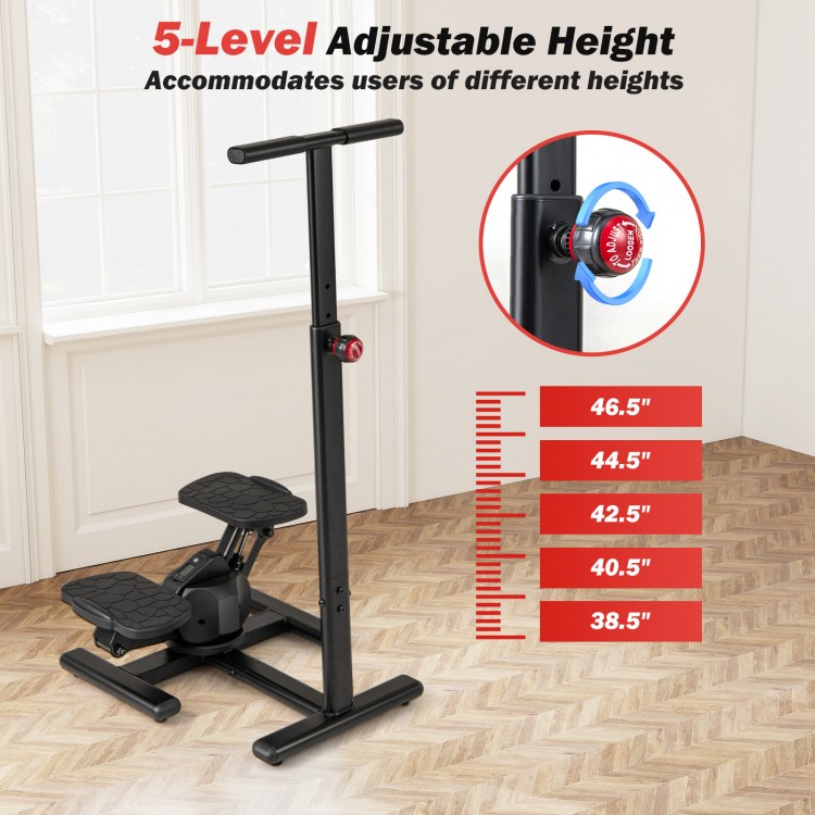 Adjustable height twist stair stepper with LCD display, anti-slip pedals, and hydraulic resistance for home workouts.