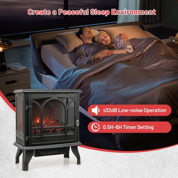 1400W electric stove heater in black with 3-level flame effect, 3-sided view, perfect for cozy bedroom warmth.
