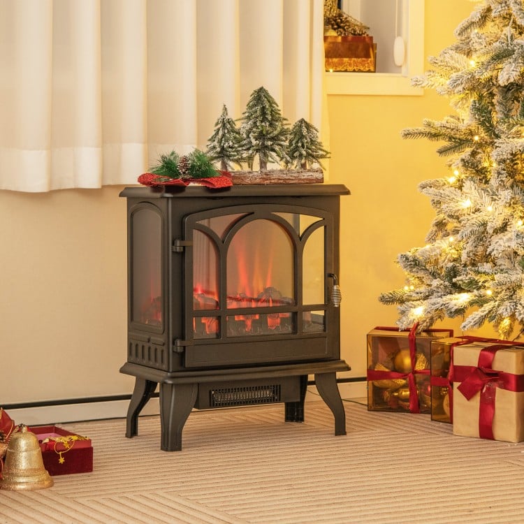 Electric stove heater with 3-sided view and vivid flame effect, perfect for cozy living room decor during winter.
