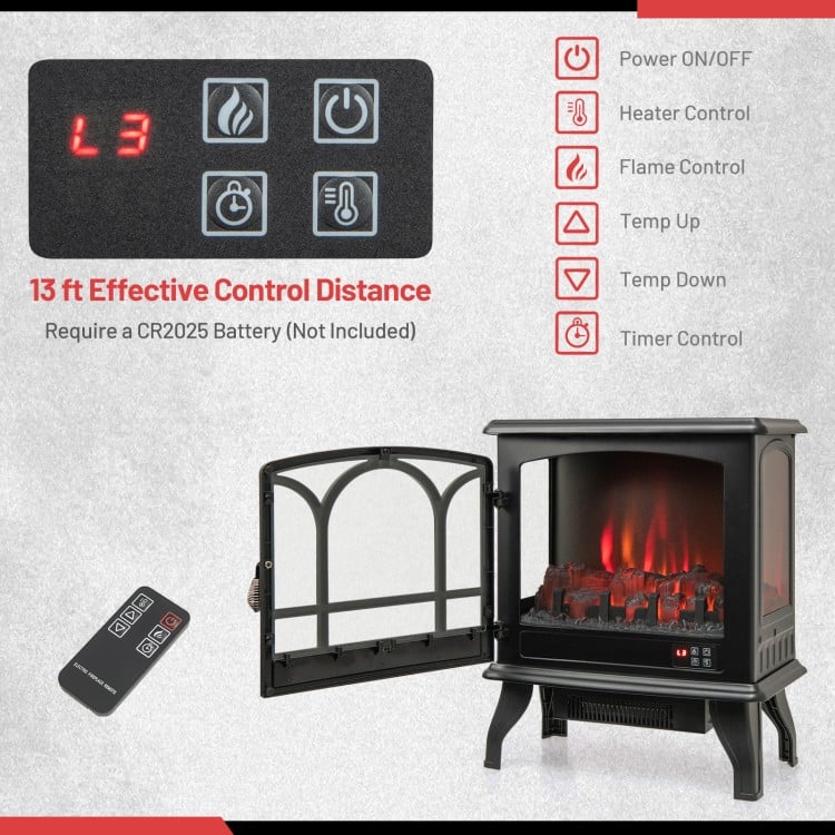 1400W electric stove heater with 3-level flame effect, 3-sided view, and remote control for cozy home ambiance.
