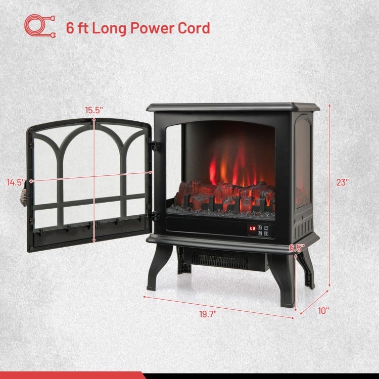 Electric stove heater with 3-sided view, 1400W power, and vivid flame effect for cozy home decoration.