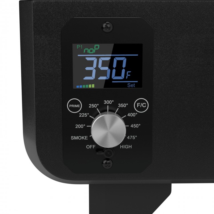 Digital control panel of the Outdoor Portable Tabletop Pellet Grill showing temperature settings and cooking functions.