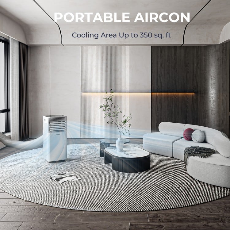 Portable air conditioner in a modern living room, cooling area up to 350 sq. ft., featuring 3-in-1 functionality.
