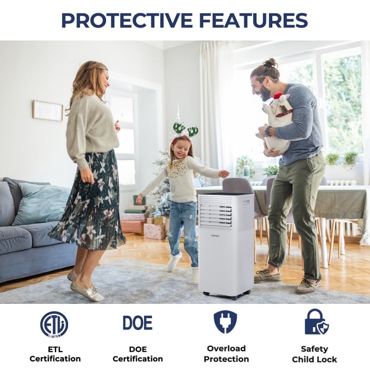 Portable 10000 BTU air cooler in black with fan and dehumidifier modes, ideal for rooms up to 350 sq. ft.