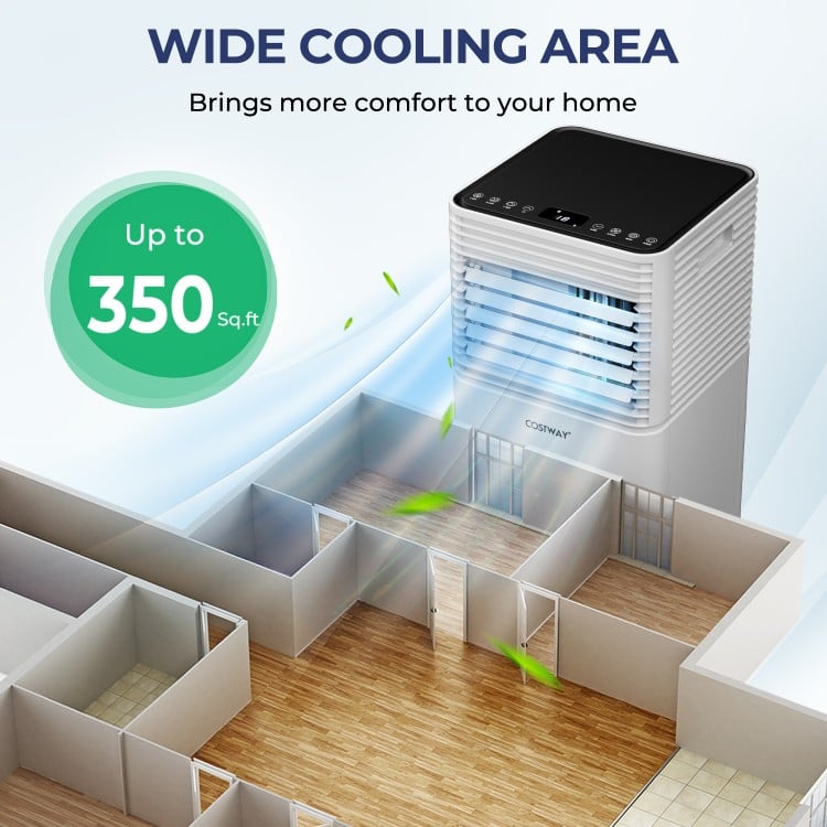 10000 BTU portable air cooler in black, designed for spaces up to 350 sq.ft, featuring cooling, fan, and dehumidifier.