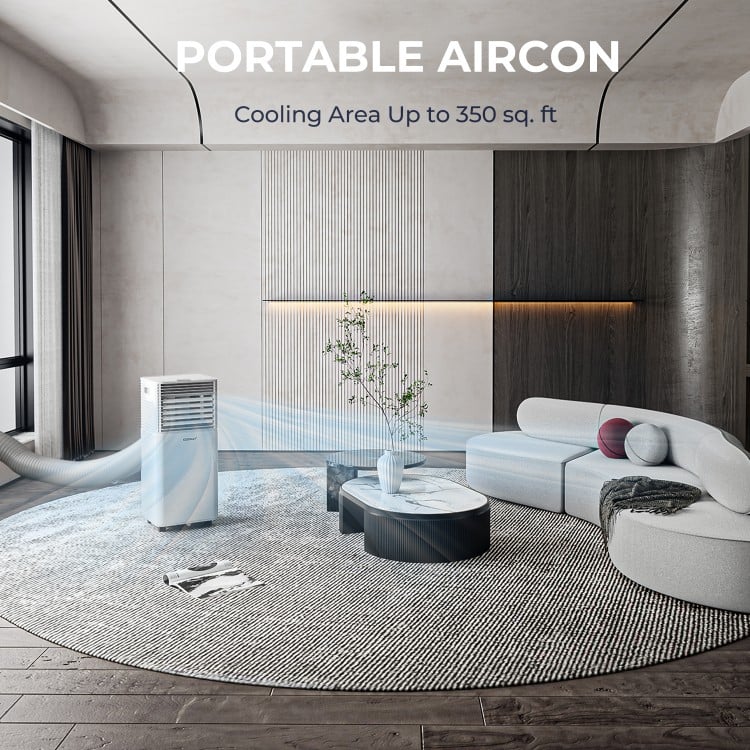 Portable air cooler in a modern living room, cooling area up to 350 sq. ft., featuring 10000 BTU capacity and remote.