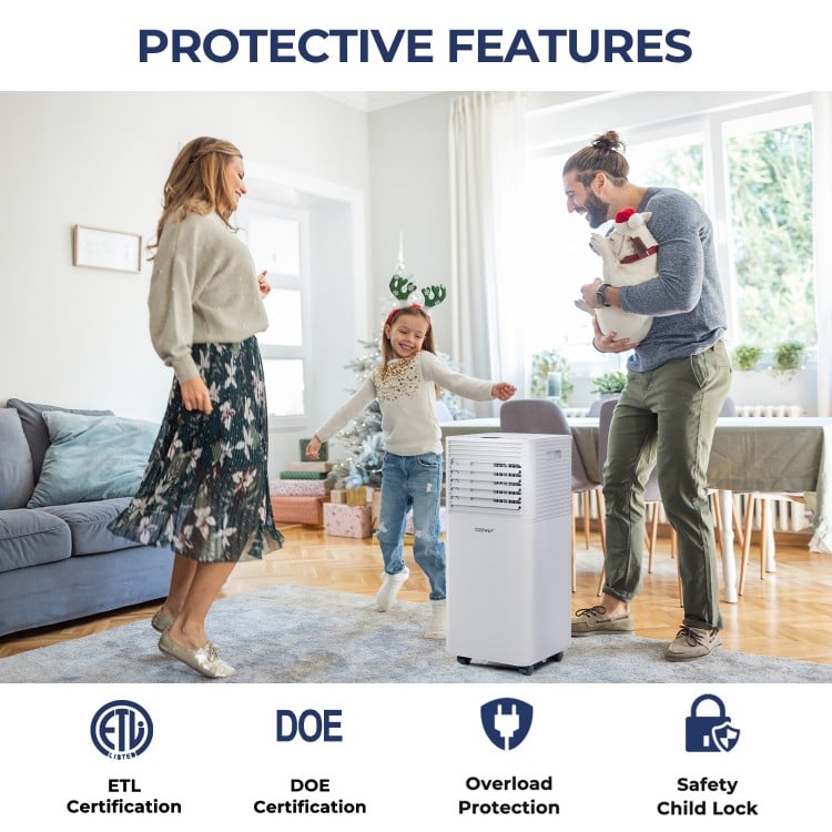 Portable 10000 BTU air cooler in white with fan and dehumidifier mode, ideal for cooling areas up to 350 sq. ft.