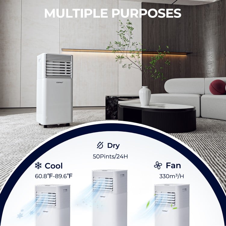 Portable 10000 BTU air cooler in white with fan and dehumidifier modes, ideal for cooling spaces up to 350 sq. ft.