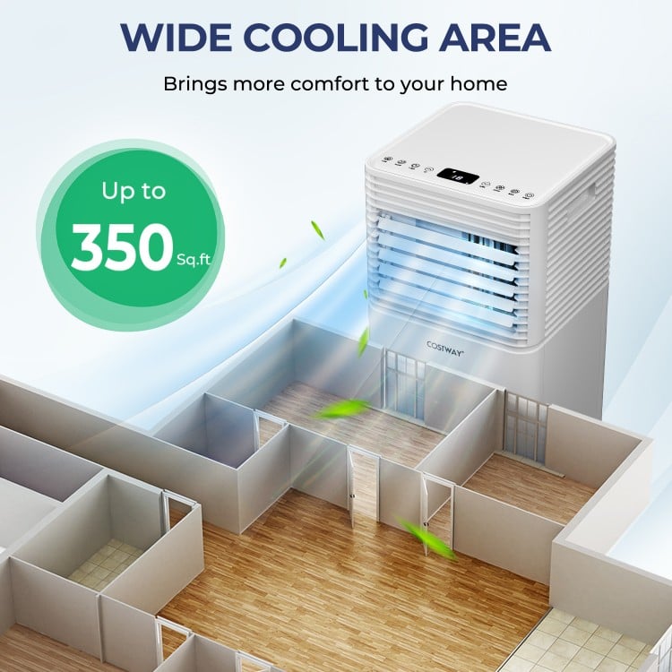 Portable 10000 BTU air cooler with fan and dehumidifier mode, cooling up to 350 sq. ft. for home comfort.