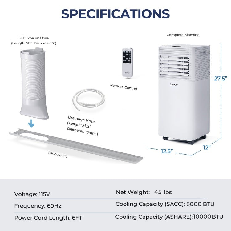Portable 10000 BTU air cooler with fan and dehumidifier mode, remote control, and adjustable window kit for easy setup.