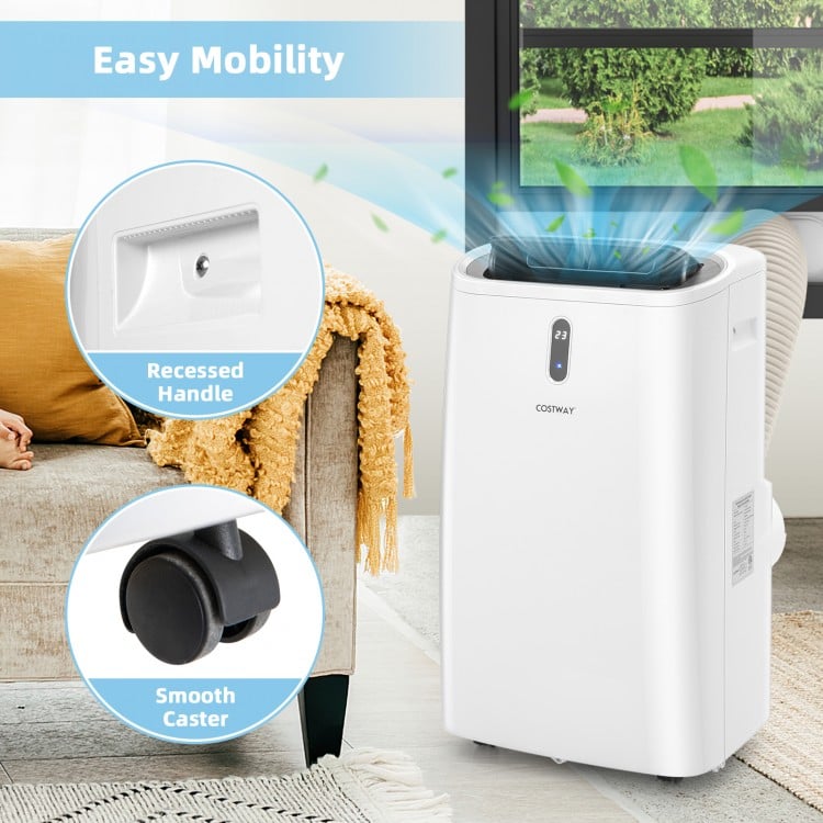 Portable air conditioner with WiFi control, featuring a recessed handle and smooth caster for easy mobility in white.