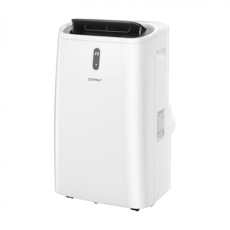 Portable 14000 BTU air conditioner in white with WiFi control, featuring a top-mounted panel and 3-speed settings.