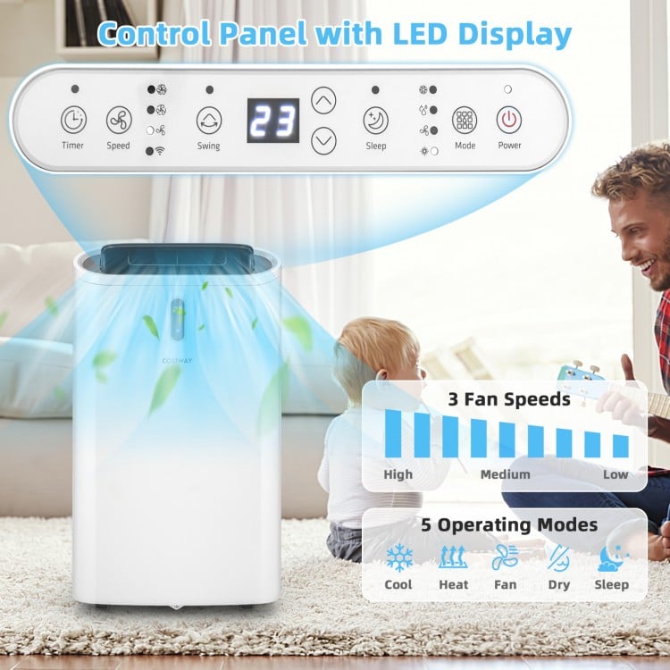 Portable air conditioner with LED display, 3 fan speeds, and WiFi control for efficient cooling in any room.