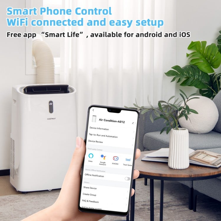 Portable air conditioner with WiFi control, remote, and window kit, ideal for cooling large living areas in white.