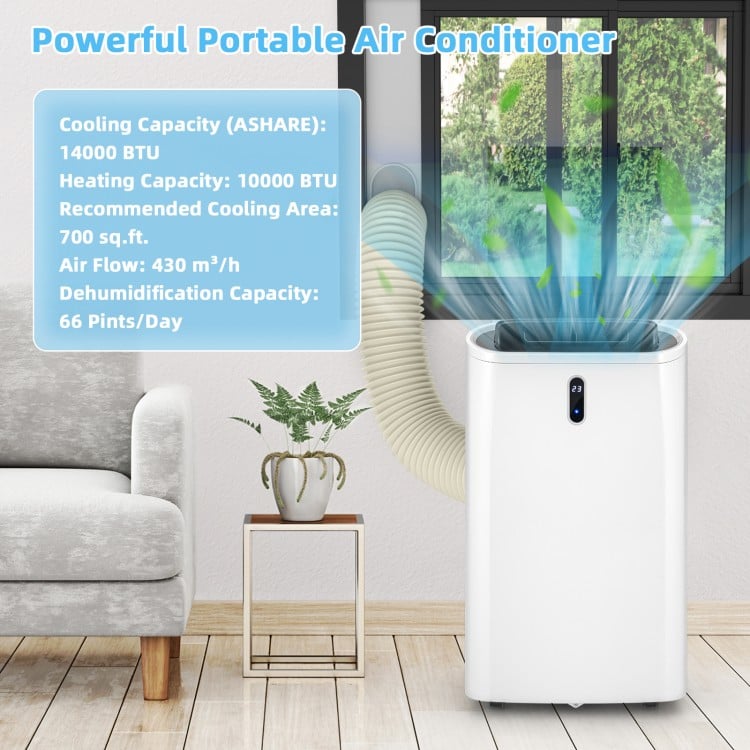 Portable 14000 BTU air conditioner in white with WiFi control, ideal for cooling large living areas and quiet operation.