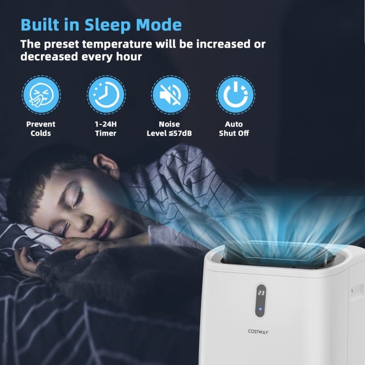 Portable air conditioner in white with WiFi control, featuring sleep mode and 3-speed settings for comfortable airflow.