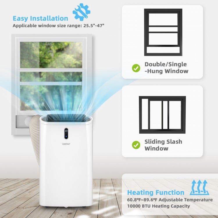 Portable air conditioner with WiFi control, 14000 BTU, easy installation window kit, ideal for living room or office.
